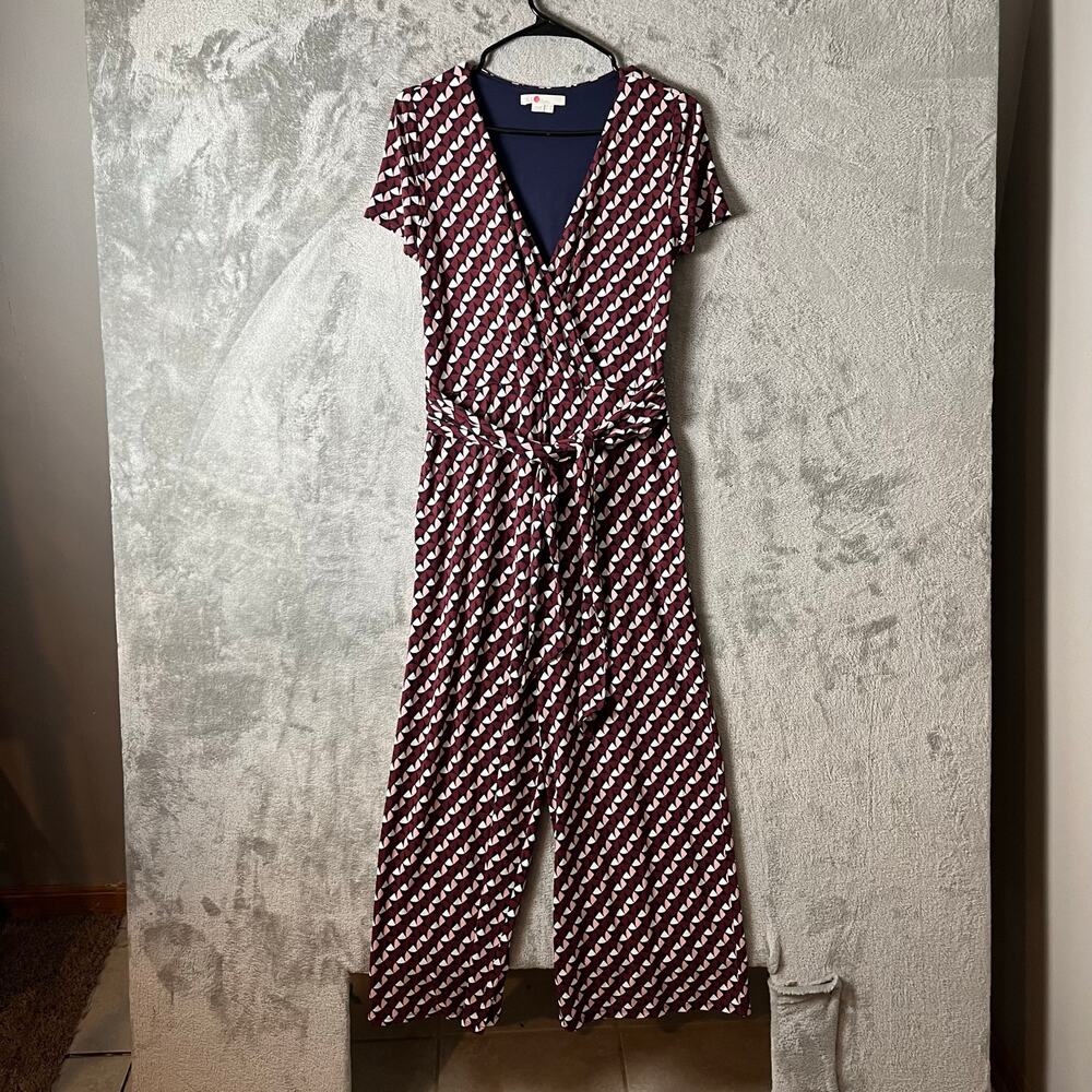 Boden‎ Ellen Jersey Graphic Geo Jumpsuit Size 4 Regular Burgundy Blue